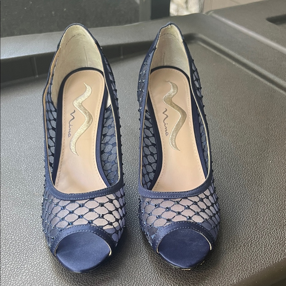 Nina Navy Peep-Toe Mesh Pumps